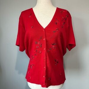 R&K Originals Embroidered Red Short Sleeve Cardigan – Size 14